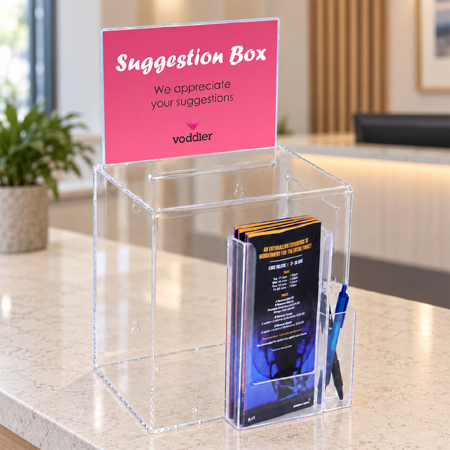 Premium Acrylic Clear Suggestion Box with A5 Display and DL Brochure Holder and Pen Holder
