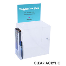 Premium Acrylic Clear Suggestion Box with A5 Display and DL Brochure Holder and Pen Holder on side