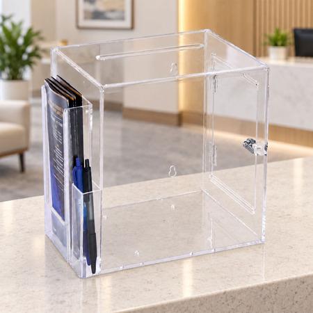 Premium Acrylic Clear Suggestion Box with DL Brochure Holder and Pen Holder on side