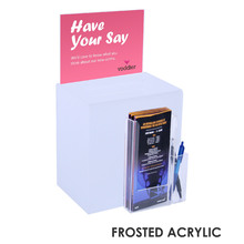 Premium Acrylic Frosted Suggestion Box with A5 Display and DL Brochure Holder and Pen Holder