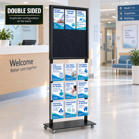 Tall Info Stand - 1 Felt Board with  9 A4 Brochure Holders - DOUBLE SIDED