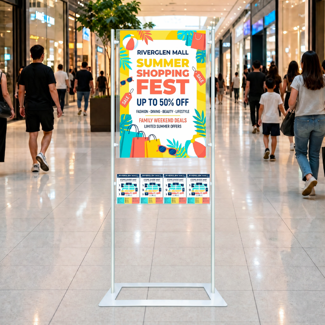 Premium Acrylic 1800mm Lobby Stand Holds A1 Poster Double Sided with 4 A5 Brochure Holders on one side