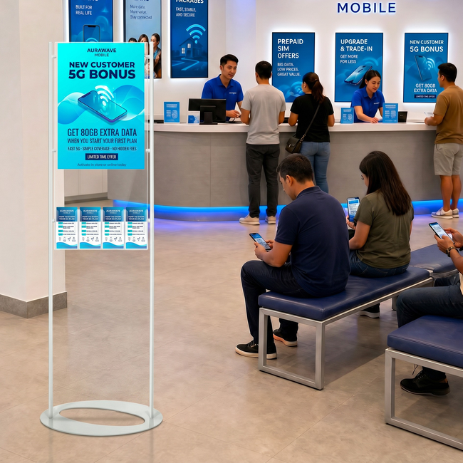 Premium Acrylic 1800mm Lobby Stand Holds A2 Poster Double Sided with 4 DL Brochure Holders on one side
