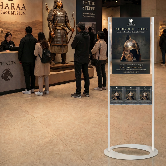 Premium Acrylic 1450mm Lobby Stand Holds A2 Poster Double Sided with 3 A5 Brochure Holders on one side