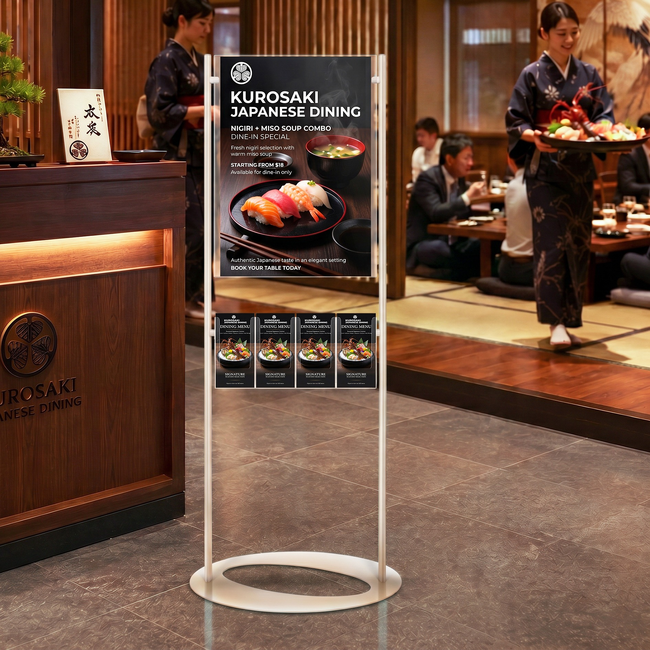 Premium Acrylic 1450mm Lobby Stand Holds A2 Poster Double Sided with 4 DL Brochure Holders on one side