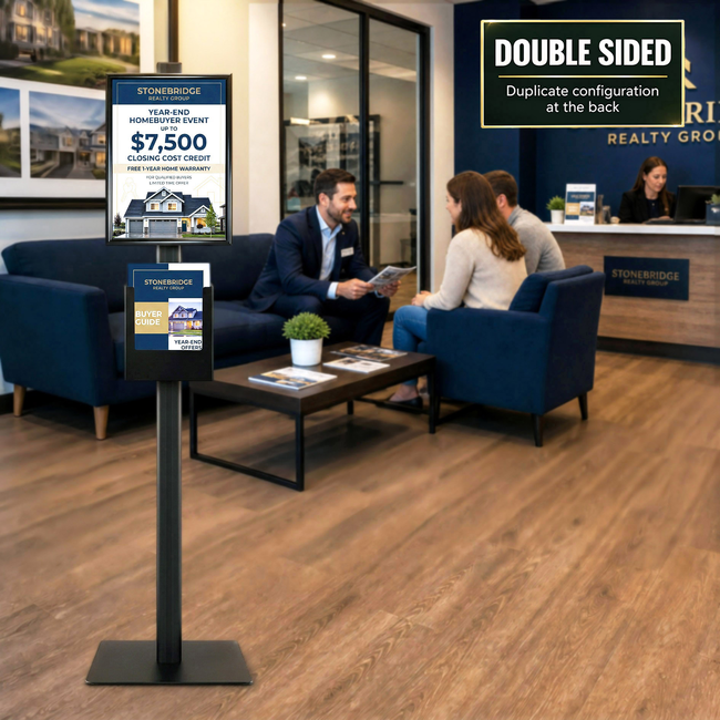 Black Retail Stand A3 Snap Frame and Black Steel Brochure Holder Double Sided