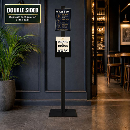 Black Retail Stand A3 Snap Frame and Black Steel Brochure Holder Double Sided