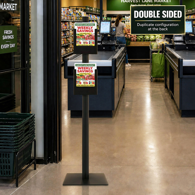 Black Retail Stand with 2 A4 Black Steel Brochure Holders on both sides