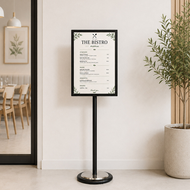 Black Ezi Pole A2 Double Sided Steel Sign with Wheel Base 