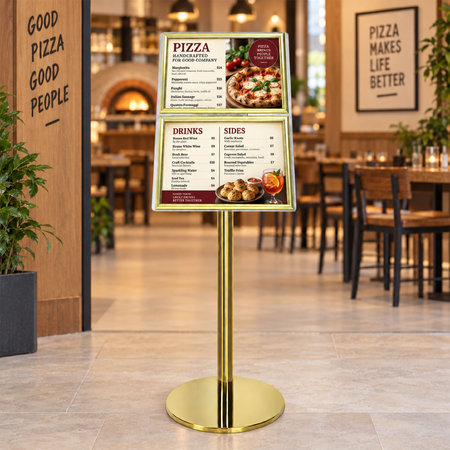 Gold Ezi Pole with 2 A4 Landscape Square Cornered Snap Frames 