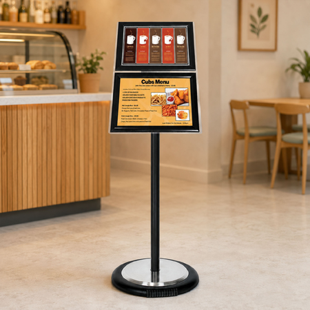 Black Ezi Pole with 2 A4 Landscape Square Cornered Snap Frames with Wheel Base