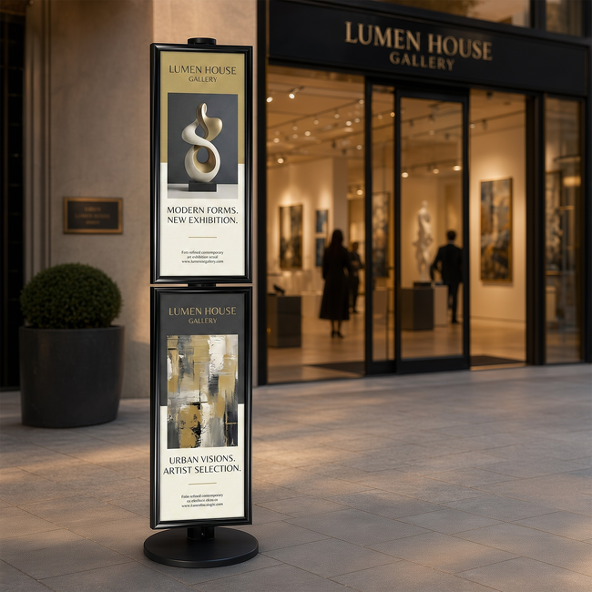 2 x Half A1 Poster Holders on Black Combo Pole 1800mm High - Single Sided