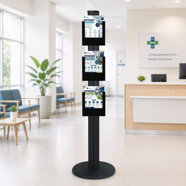 3 x A4 Black Brochure Holders on 1.8m Black Combo Pole