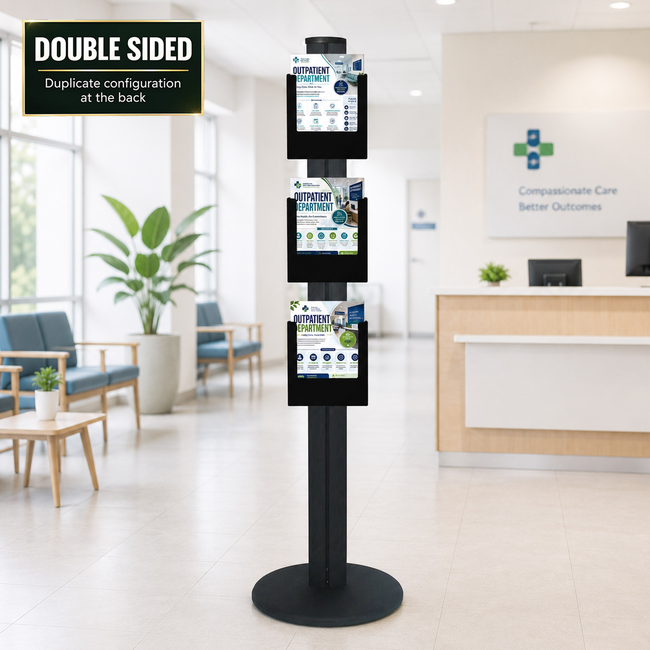 3 x A4 Black Brochure Holders on 1.8m Black Combo Pole Double Sided 