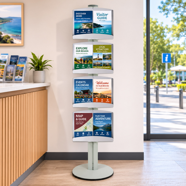 4 Brochure Trays on 1.8m Silver Combo Pole