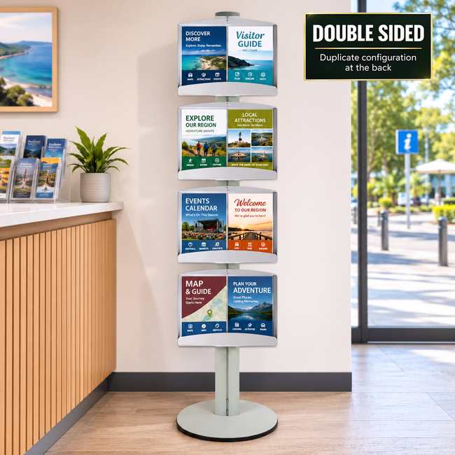 4 Brochure Trays on 1.8m Silver Combo Pole Double Sided 