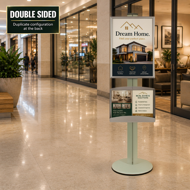A2 Snap Frame and Brochure Trays Double Sided on 1.8m Silver Combo Pole