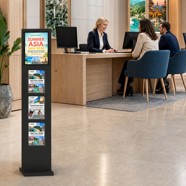 Totem Sign 1380mm Black - A4 Sign + 3 A5 Brochure Holders 