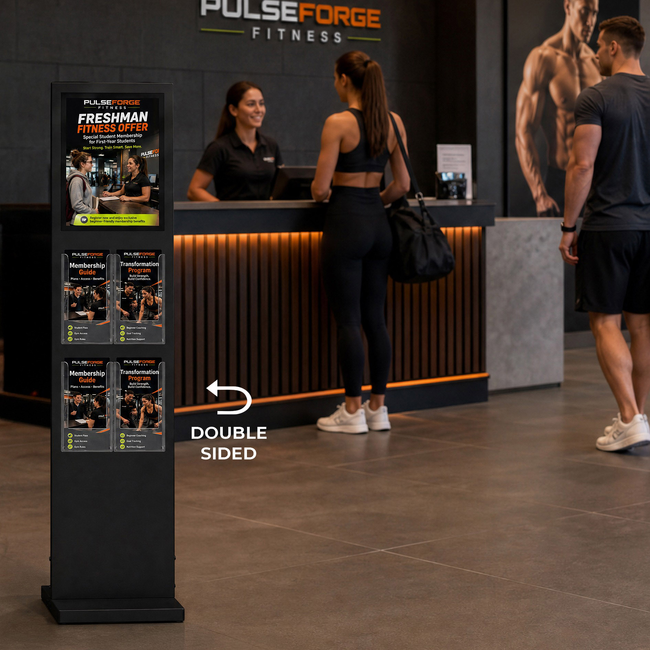 Totem Sign 1380mm Black - A4 Sign + 8 DL Brochure Holders Double Sided