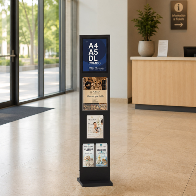 Totem Info Stand 1380mm Black with A4 Magnetic Poster Frame & Mixed A4, DL and A5 Acrylic Brochure Holders