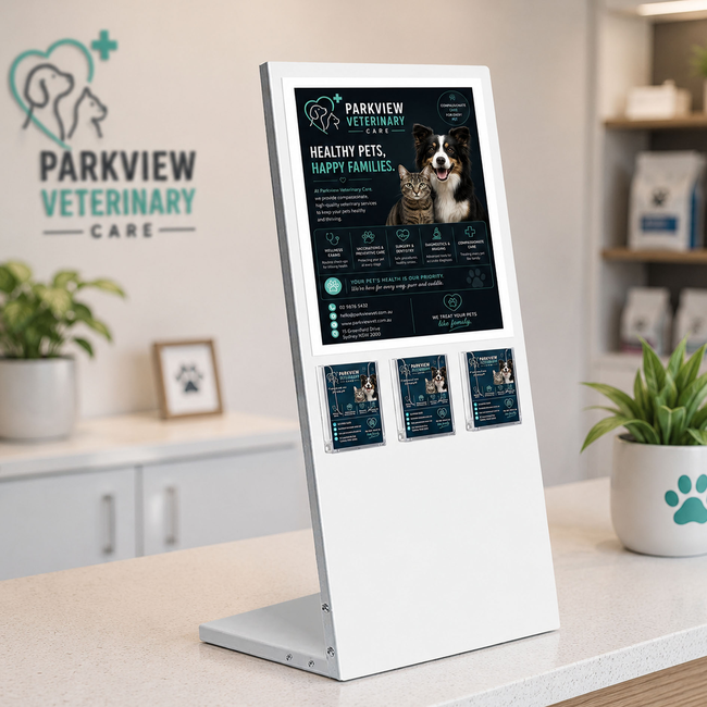 White Table Information Stand - A4 Sign + 3 Business Card Holder