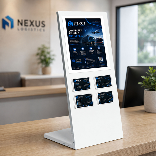 White Table Information Stand - A4 Sign + 4  Landscape Business Card Holder