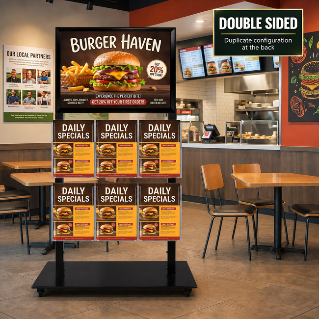 Black Mall Stand - A2 Snap Frame and 6 A4 Brochure Holders Double Sided 