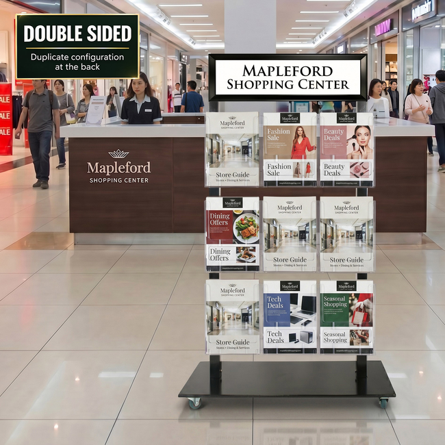 Black Mall Stand - Snap Header with 9 A4 Brochure Holders Double Sided