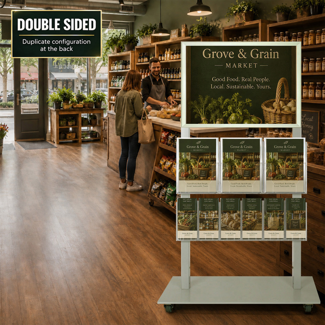 Silver Mall  Stand - A2 Snap Frame with 3 A4 and 6 DL Brochure Holder Double Sided 