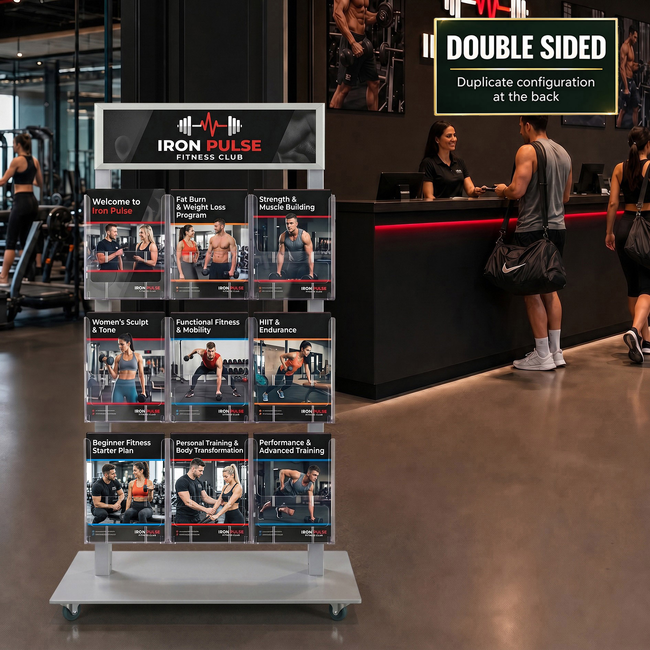 Silver Mall  Stand - Snap Header with 9 A4 Brochure Holders Double Sided