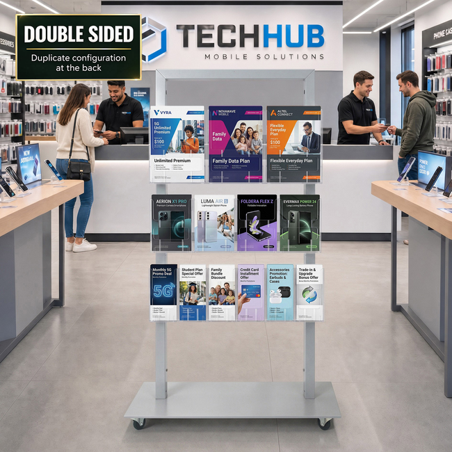 Silver Mall Stand - with 3 A4, 4 A5 and 6 DL Brochure Holders Double Sided 