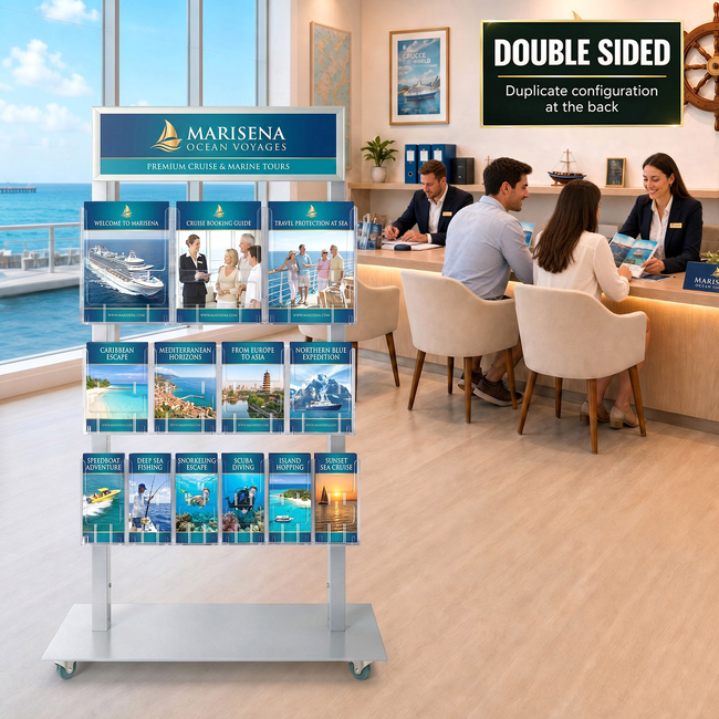 Silver Mall Stand - Snap Header with 3 A4, 4 A5 and 6 DL Brochure Holders Double Sided 