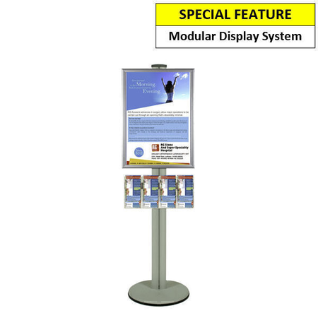 A2 Poster Holder with 4 DL Brochure Holders on Silver Combo Pole 1450mm High - Single Sided
