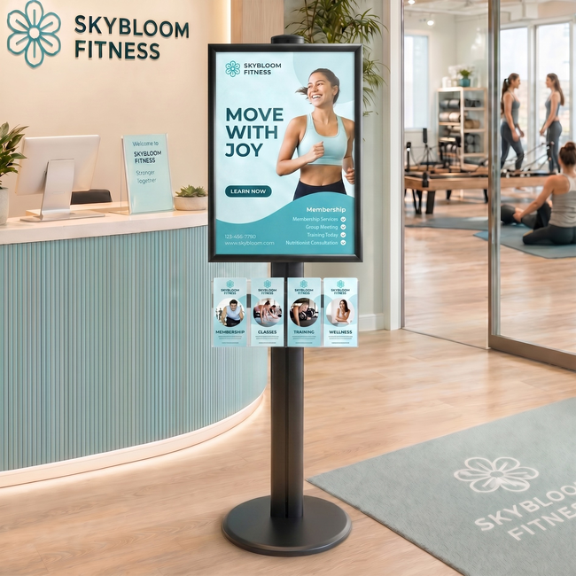 A2 Poster Holder with 4 DL Brochure Holders on Black Combo Pole 1450mm High - Single Sided