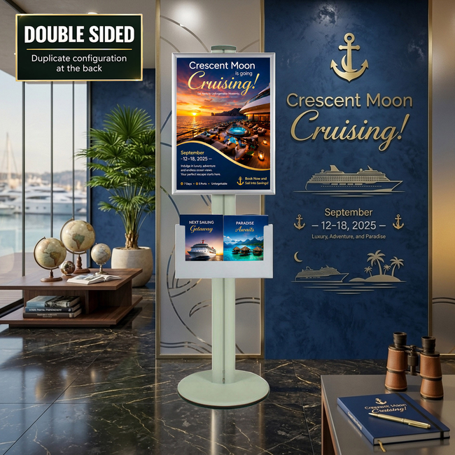 A2 Poster Holder with A3 Landscape Steel Brochure Holder on Silver Combo Pole 1450mm High -Double Sided