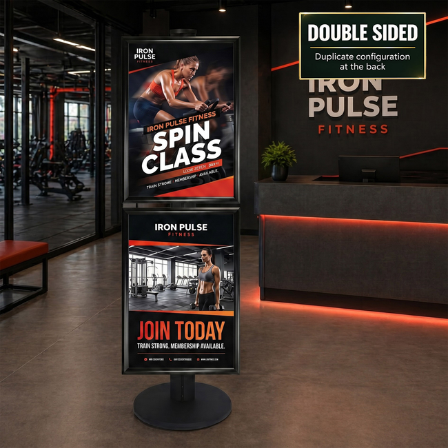 2 x A2 Poster Holder on Black Combo Pole 1450mm High - Double Sided
