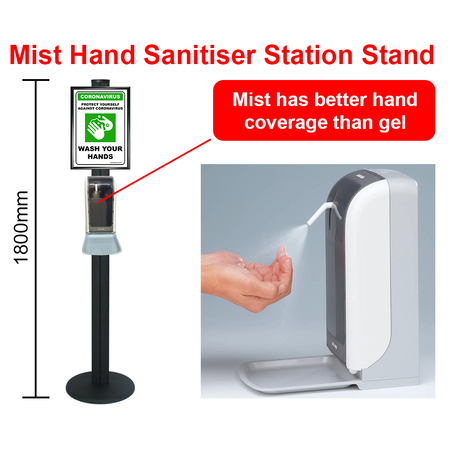 Mist Hand Sanitiser Station Stand with Automatic Dispenser - Black 1800mm Stand with A3 Snap Frame