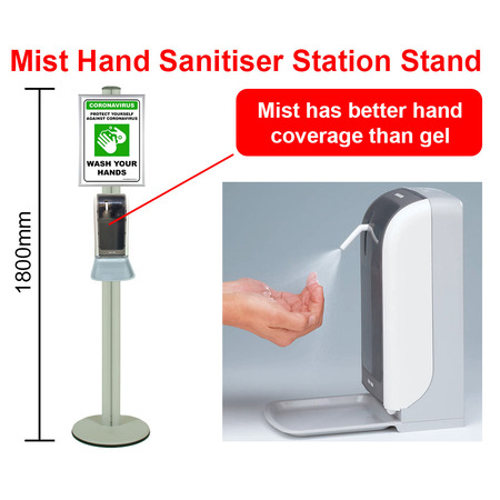 Mist Hand Sanitiser Station Stand with Automatic Dispenser - Silver 1800mm Stand with A3 Snap Frame