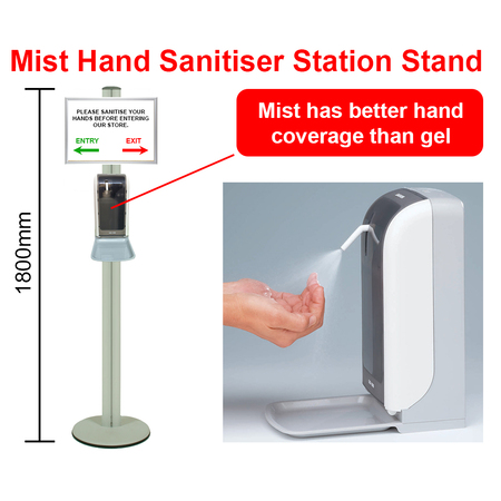 Mist Hand Sanitiser Station Stand with Automatic Dispenser - Silver 1800mm Stand with A3 Landscape  Snap Frame