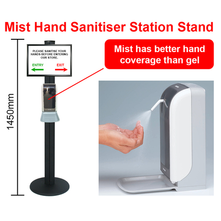 Mist Hand Sanitiser Station Stand with Automatic Dispenser - Black 1450mm Stand with A3 Landscape Snap Frame