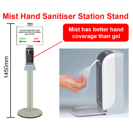 Mist Hand Sanitiser Station Stand with Automatic Dispenser - Silver 1450 mm Stand with A3 Landscape  Snap Frame