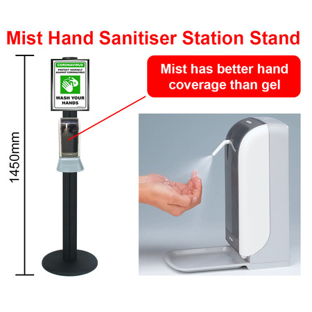 Mist Hand Sanitiser Station Stand with Automatic Dispenser - Black 1450mm Stand with A4 Snap Frame