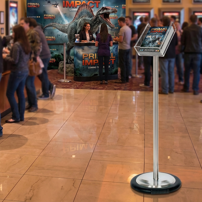 Silver Freestanding Brochure Holder Holds A4 with Wheel Base