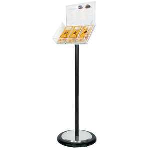 Black Freestanding Brochure Holder Holds 3 DL with Wheel Base 