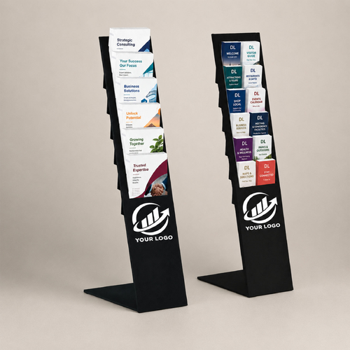 Black Mod Brochure Holder Display with Dividers  - Includes Custom Printing