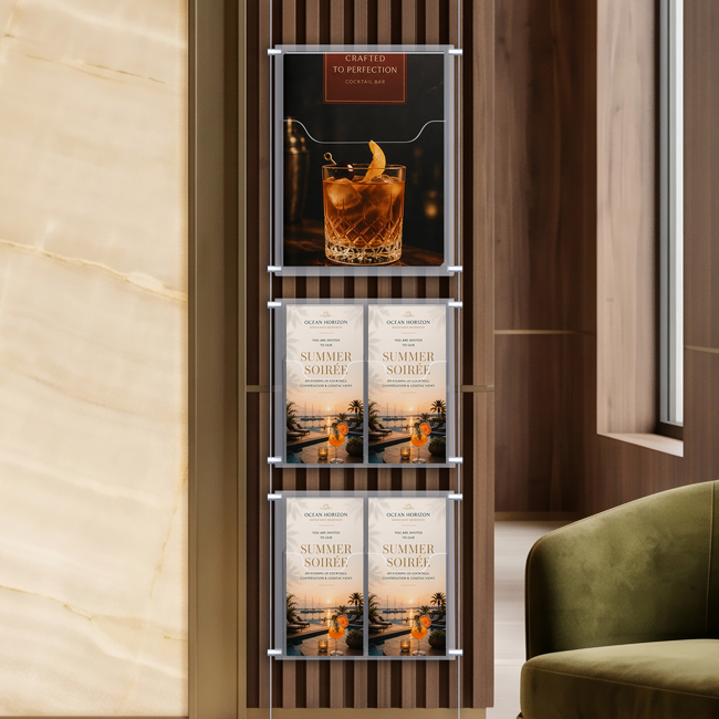 Cable Brochure System 1 Column with 1 A4 & 4 DL Brochure Holders