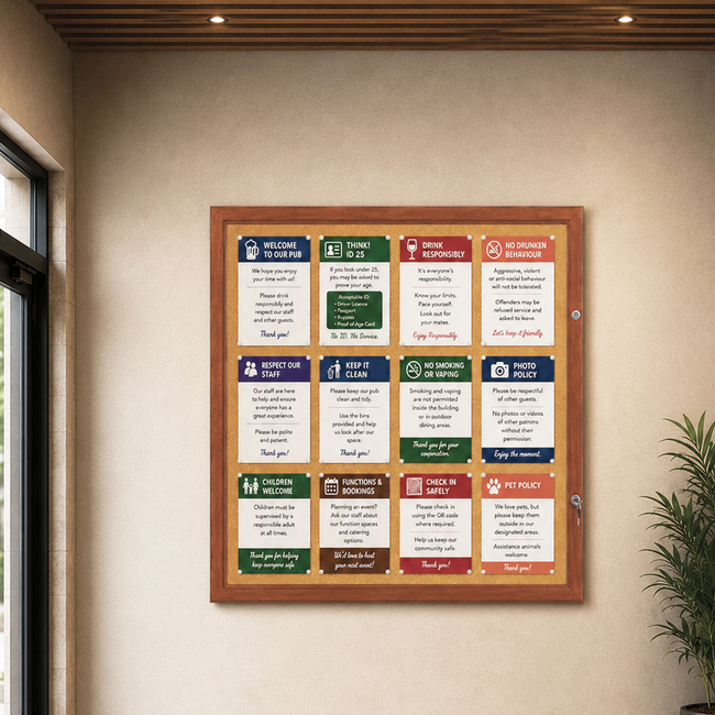 Dark Wood Finish Lockable Cork Notice Board (Holds 12 x A4 Sheets)