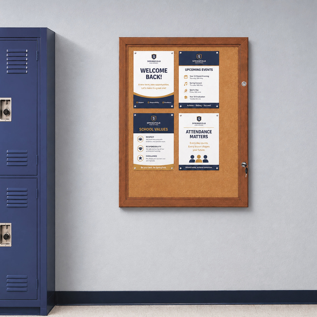 Dark Wood Finish Lockable Cork Notice Board (Holds 9 x A4 Sheets)
