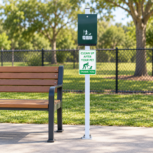 Green Dog Waste Bag Dispenser Silver 1450mm Pole and A4 Printed Sign