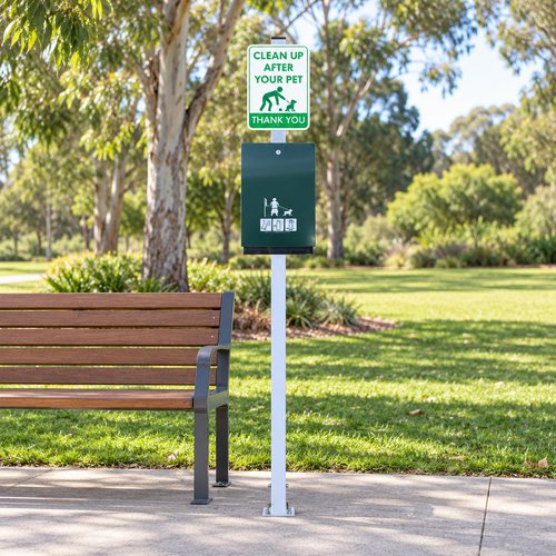 Green Dog Waste Bag Dispenser , Silver 1800mm Pole and A4 Printed Sign